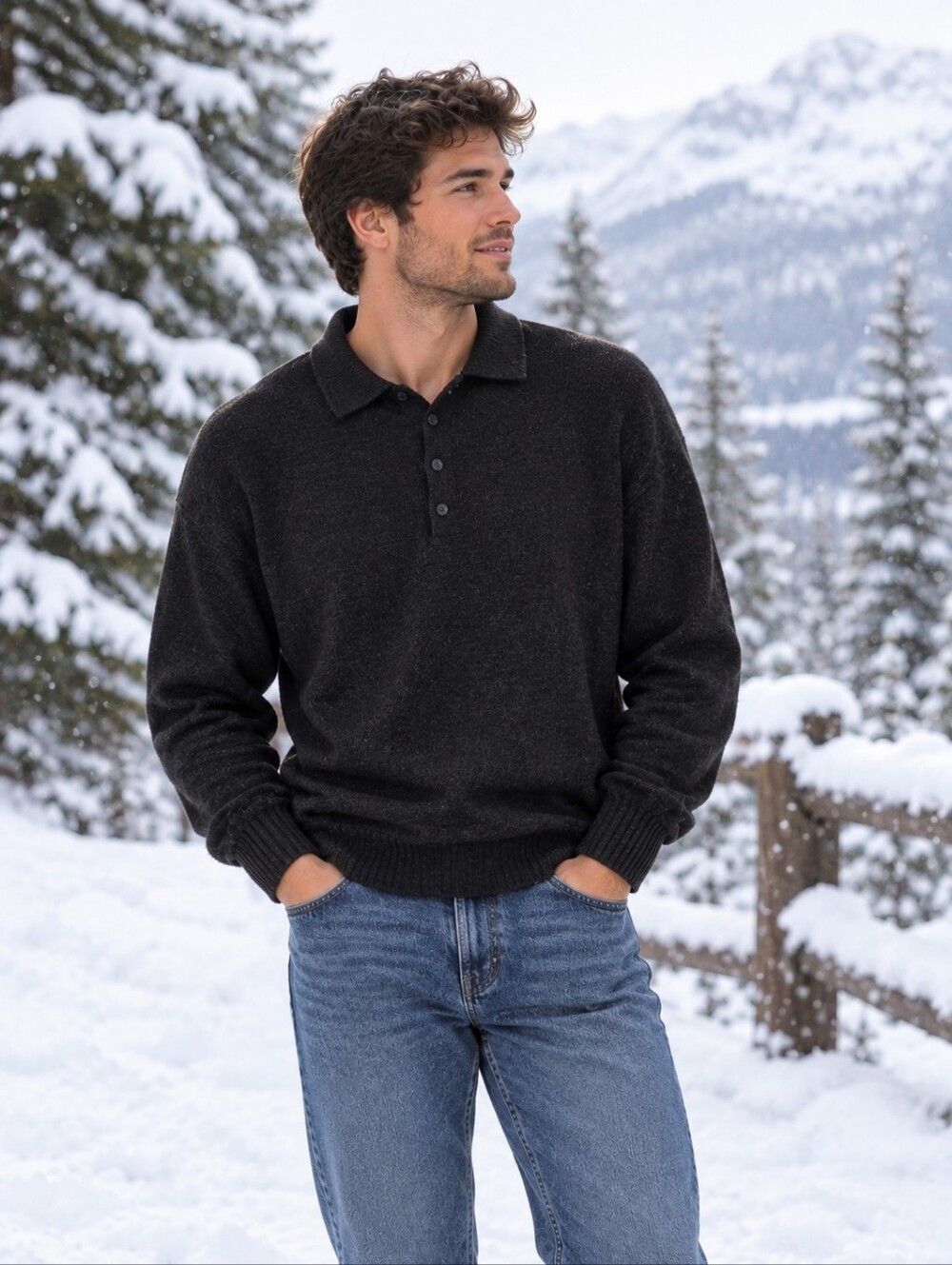 Davide Cenci Wool Vintage Classic Long Sleeve Sweater Polo Charcoal Gray Size L